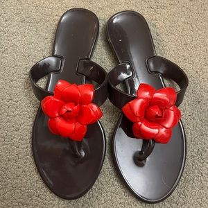 Flower Jelly Thong Flip Flop Sandal Floral Blossom Flat Shoe Candy Rosette AVON
